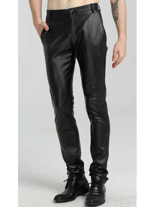 Mens Spring Casual Slim Fit Black Leather Long Pants