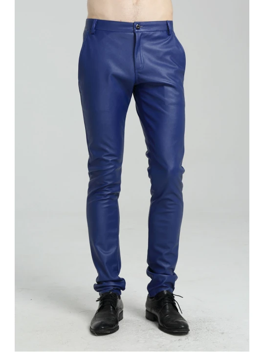 Mens Spring Casual Slim Fit Blue Leather Long Trouser Pants