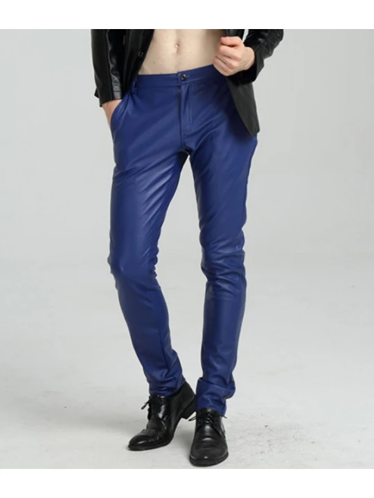 Mens Spring Casual Slim Fit Blue Leather Long Trouser Pants