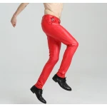 Mens Spring Casual Slim Fit Red Leather Long Trouser Pants