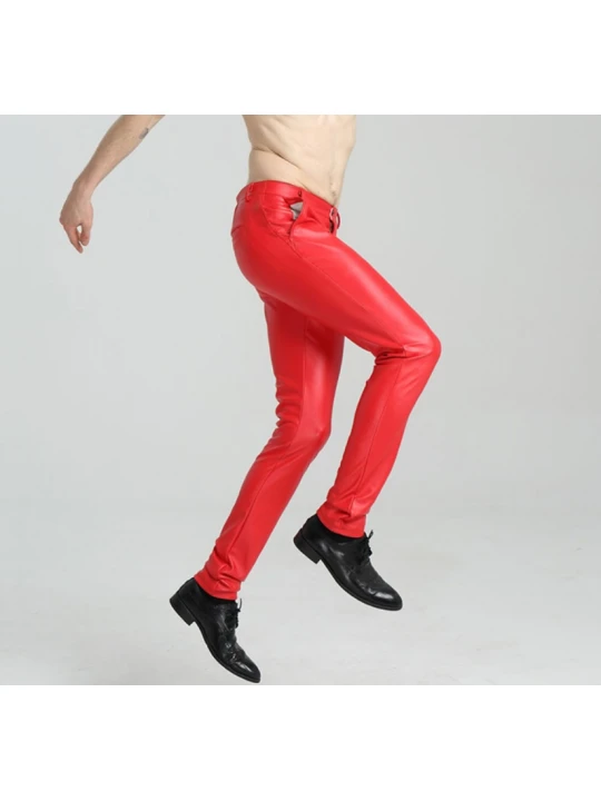 Mens Spring Casual Slim Fit Red Leather Long Trouser Pants