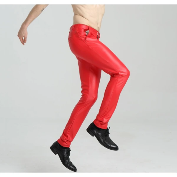 Mens Spring Casual Slim Fit Red Leather Long Trouser Pants
