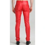 Mens Spring Casual Slim Fit Red Leather Long Trouser Pants