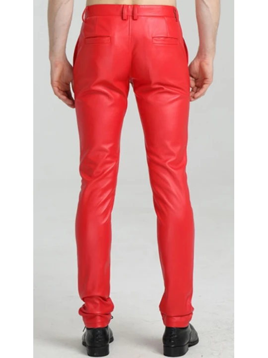 Mens Spring Casual Slim Fit Red Leather Long Trouser Pants