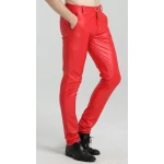Mens Spring Casual Slim Fit Red Leather Long Trouser Pants