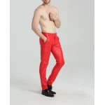 Mens Spring Casual Slim Fit Red Leather Long Trouser Pants