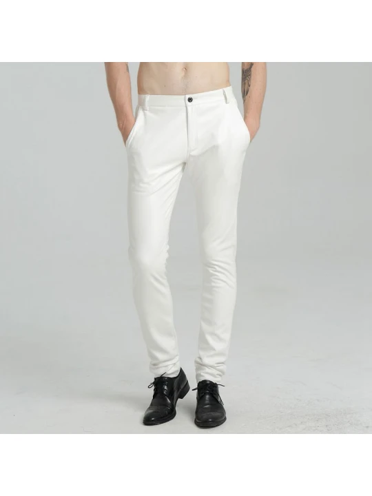 Mens Spring Casual Slim Fit White Leather Long Trouser Pants