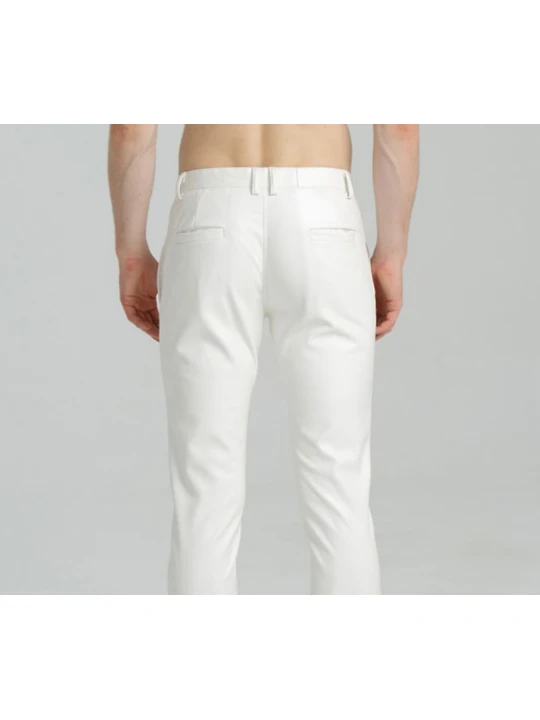 Mens Spring Casual Slim Fit White Leather Long Trouser Pants