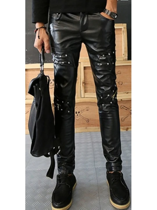 Mens Straight Style Singer Rivets Black Leather Pants