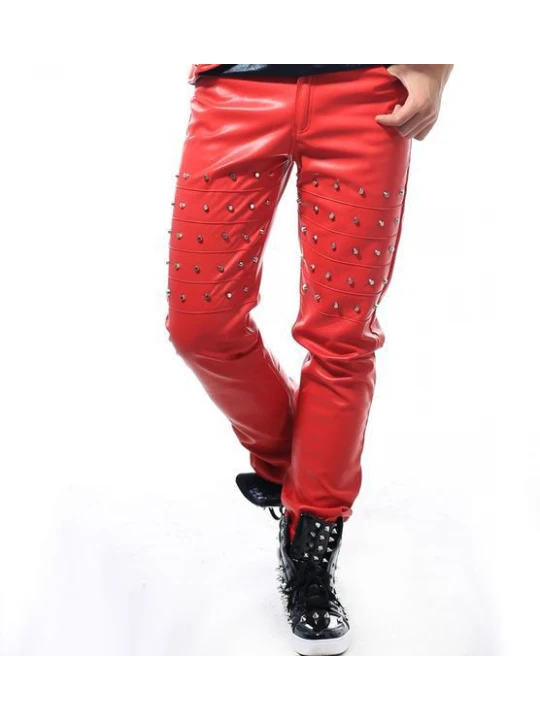 Mens Straight Style Singer Rivets Red Leather Pants