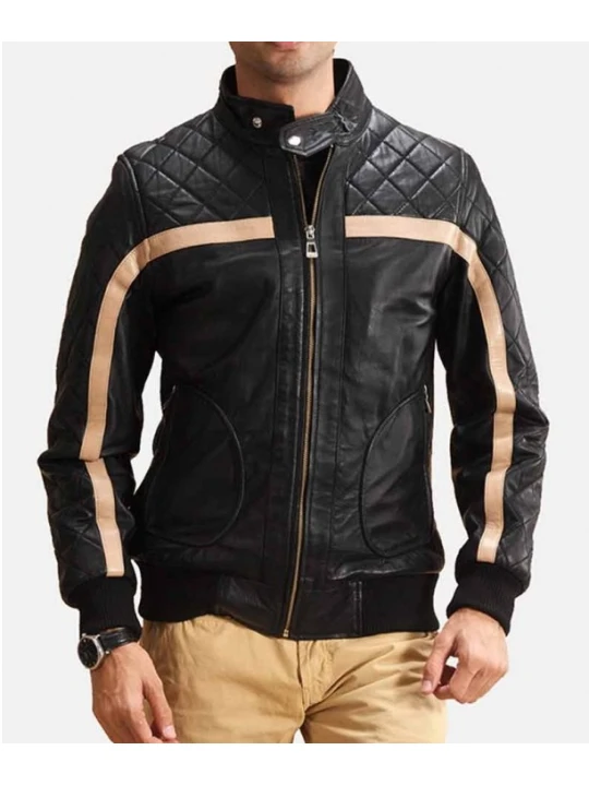 Mens Striped Quilted Black Genuine Leather Bomber Jacket