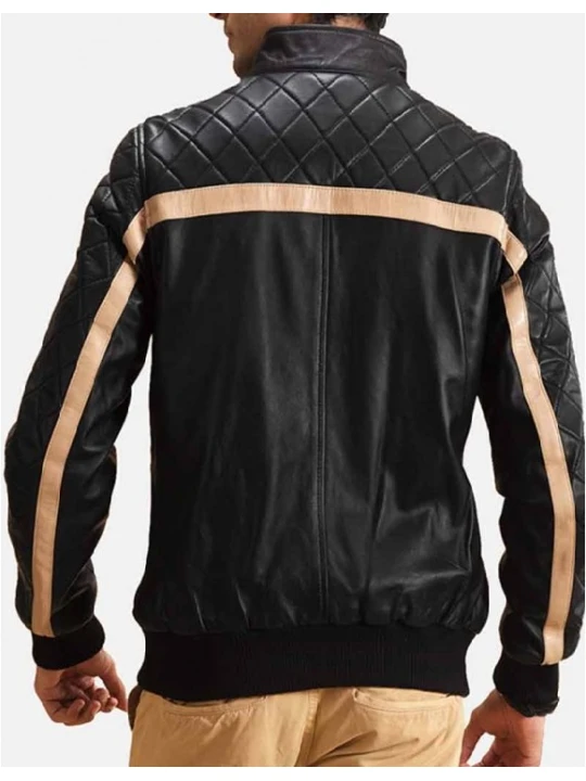 Mens Striped Quilted Black Genuine Leather Bomber Jacket
