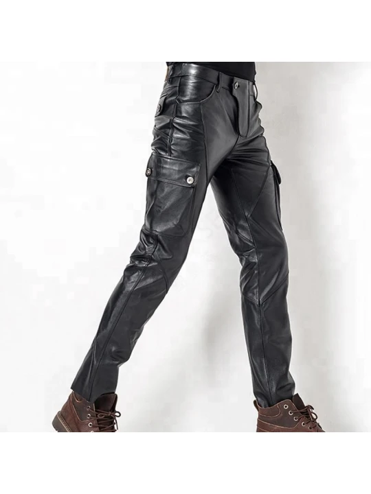 Mens Stylish Casual Genuine Black Leather Biker Pants