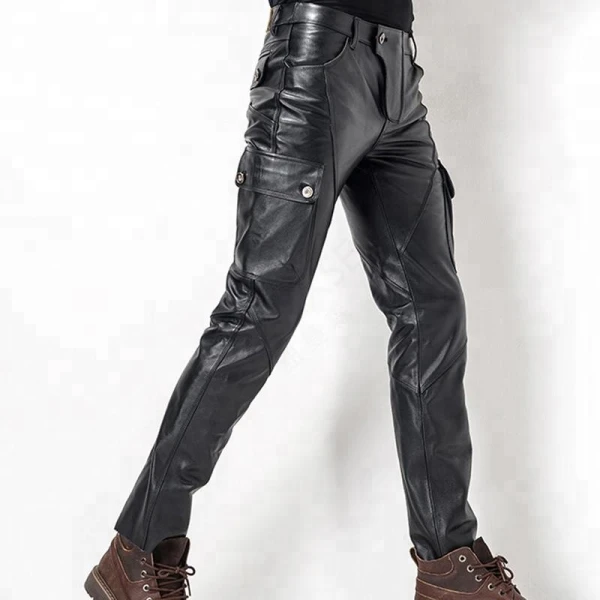 Mens Stylish Casual Genuine Black Leather Biker Pants