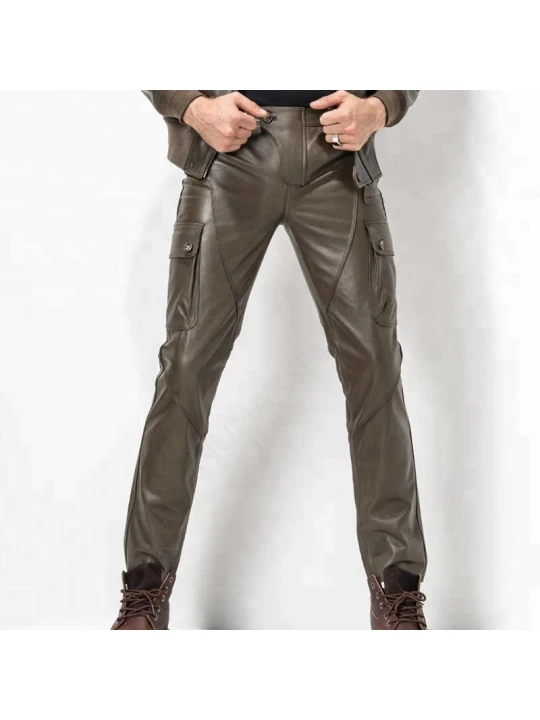 Mens Stylish Casual Genuine Black Leather Biker Pants