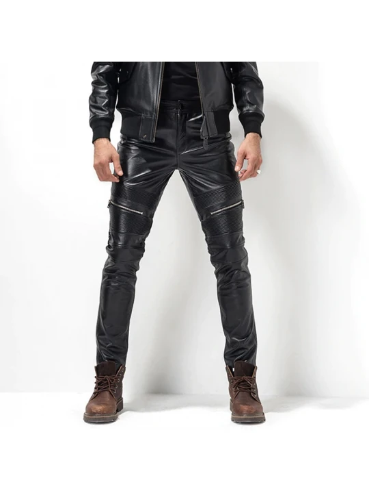 Mens Tight Gothic Black Leather Motorcycle Biker Pencil Pants