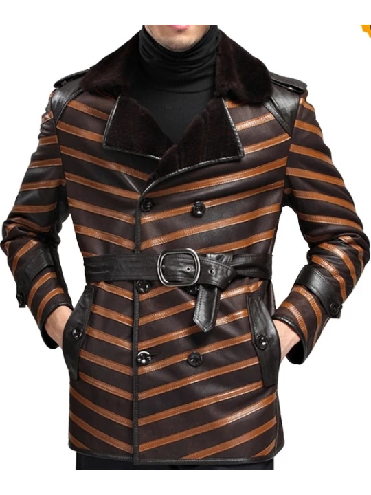 Mens Top Designer Double Breasted Leather Fur Shearling Coat