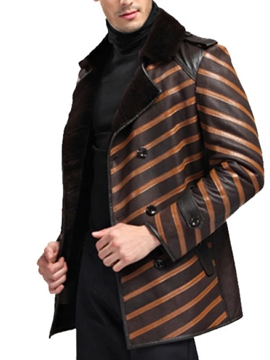 Mens Top Designer Double Breasted Leather Fur Shearling Coat