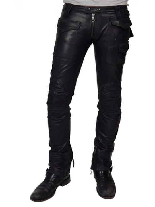 Mens Vintage Rocker Look Soft Black Leather Pants