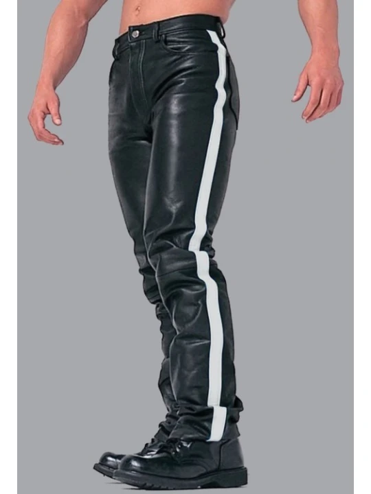 Men's White Stripes Real Black Leather Bikers Pant