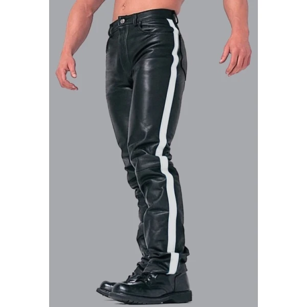 Mens White Stripes Real Black Leather Bikers Pant