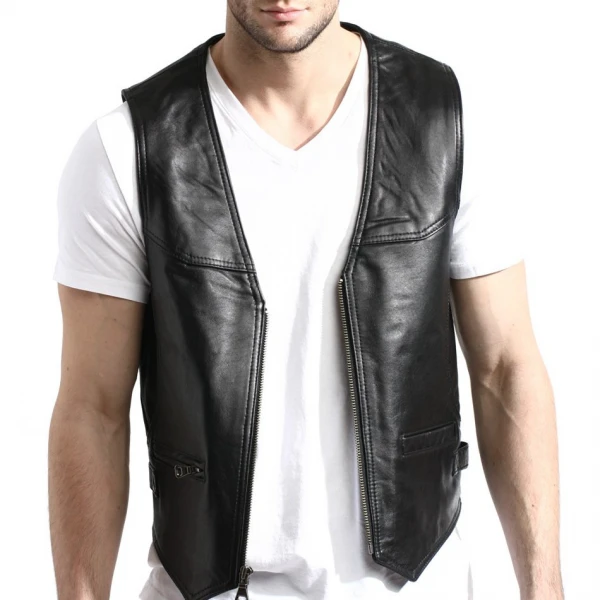 Mens Zip Front Lambskin Black Leather Vest