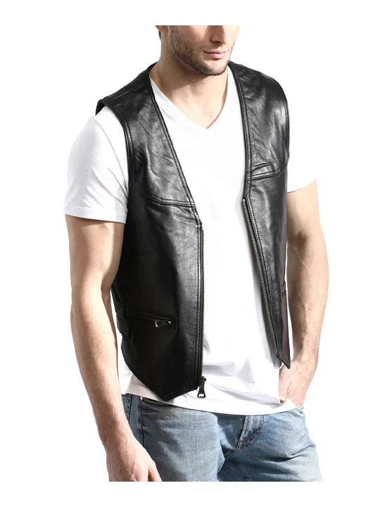 Mens Zip Front Lambskin Black Leather Vest