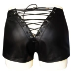 Mens Zipper Fly Front Leather Shorts With Full Lace Back