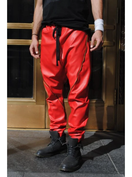 Mens Zipper Seam Detail Red Leather Drop Crotch Harem Joggers Pants