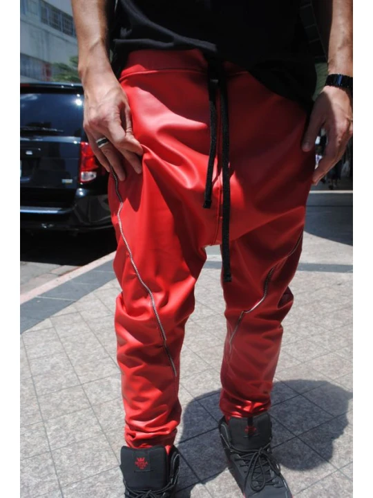 Mens Zipper Seam Detail Red Leather Drop Crotch Harem Joggers Pants