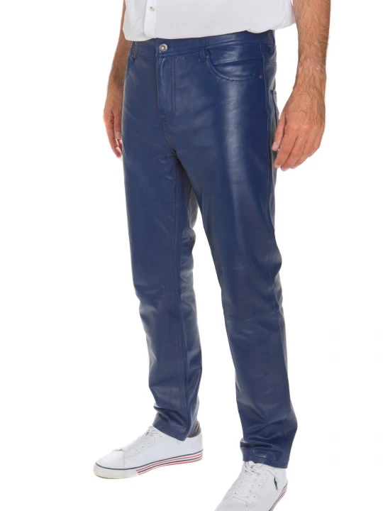Mens Casual Semi Fitted Style Blue Leather Pants