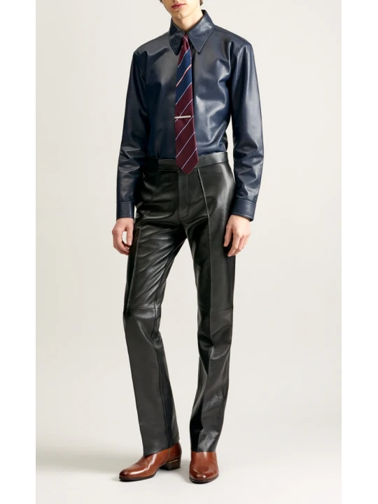 Minimal Finish Soft Black Leather Bootcut Trousers Pants for Guys
