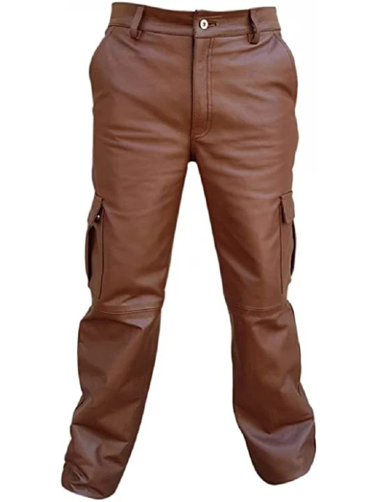Real Brown Leather Cargo Jeans Pants for Male