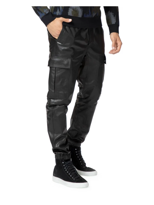 Regular Fit Black Leather Cargo Pants for Men