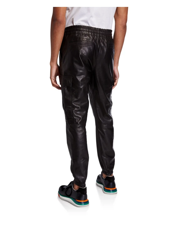 Regular Fit Black Leather Cargo Pants for Men