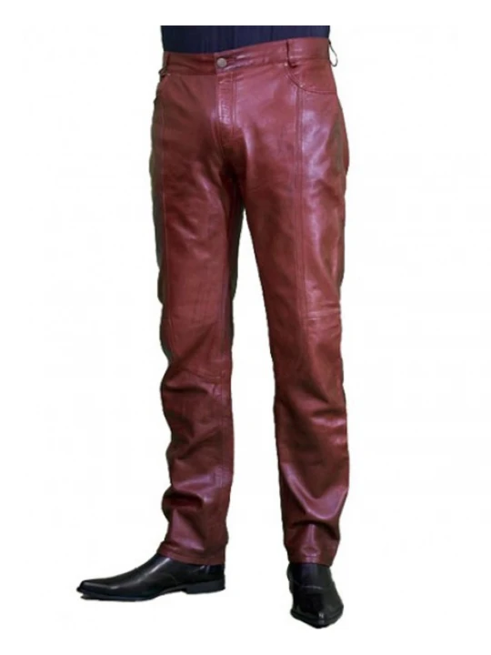 Regular Fit Genuine Burgundy Biker Leather Pants for Men