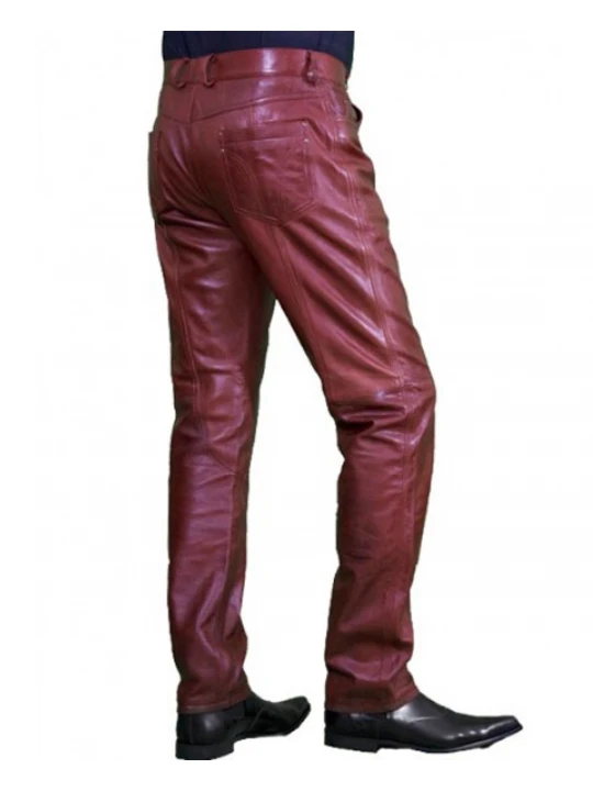 Regular Fit Genuine Burgundy Biker Leather Pants for Men