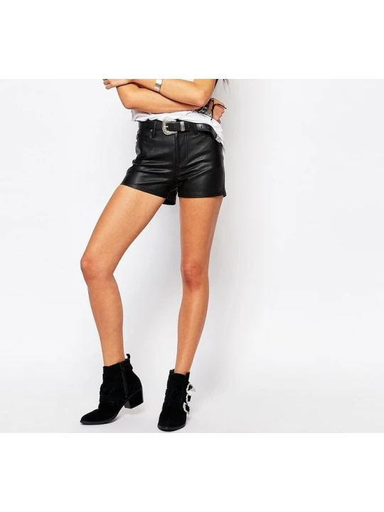 Relaxed Fit Womens Going Out Black Leather Shorts