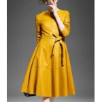 Round Neck Long Sleeve Yellow Leather Dress for Ladies