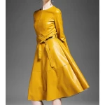 Round Neck Long Sleeve Yellow Leather Dress for Ladies