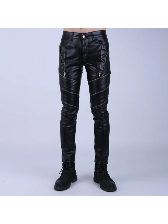 Skinny Slim Fit Black Leather Motorcycle Biker Pants for Guys
