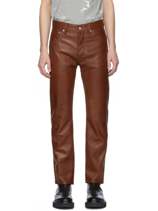 Straight Leg Mid Rise Brown Leather Trousers Pant for Men