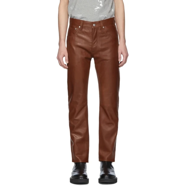 Straight Leg Mid Rise Brown Leather Trousers Pant for Men