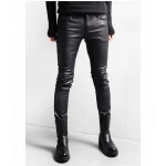 Street Style Black Leather Motorcycle Pants for Men