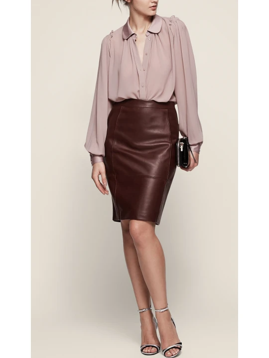 Stretch Panel Brown Leather Body-con Pencil Skirt for Women
