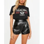 High Waisted Pleated Detailing Real Black Leather Shorts for Women
