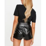 High Waisted Pleated Detailing Real Black Leather Shorts for Women