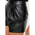 High Waisted Pleated Detailing Real Black Leather Shorts for Women