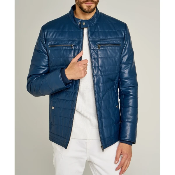 Trendy Mens Striped Stitches Blue Leather Casual Jacket