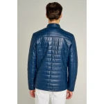 Trendy Mens Striped Stitches Blue Leather Casual Jacket
